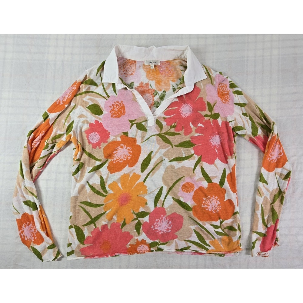 Tyler Böe Womens Floral 100% Linen Lightweight Pullover Top Collared XL
